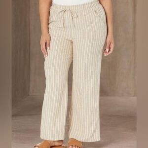 Briggs NY Beige Striped Linen Blend Drawstring Wide Leg Pants Resort Beachy
